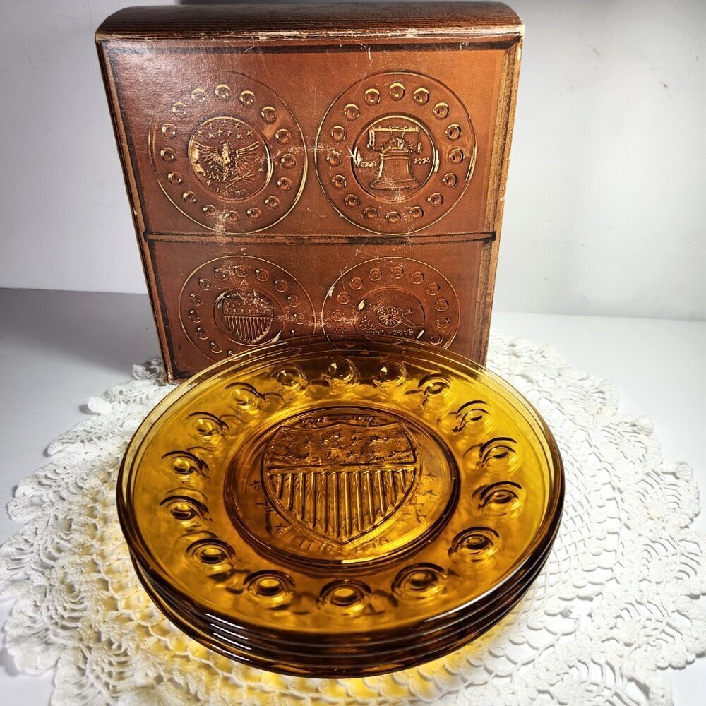 American Bicentennial Amber 8" Salad Plates with Original Box Anchor Hocking